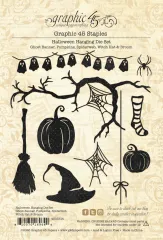 Graphic 45 Halloween Hanging Die Set mit 10 Stanzschablonen: Geister-Banner, Kürbisse, Spinnennetze, Hexenhut, Besen, Spinnennetz und hängenden Accessoires auf beigem Hintergrund