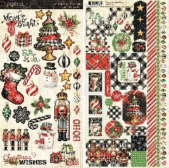 Detailansicht beider Stickerbogen: Linker Bogen mit Schriftzügen und Karomuster, rechter Bogen mit großen Weihnachtsmotiven wie Nussknacker, Girlanden und Kugeln