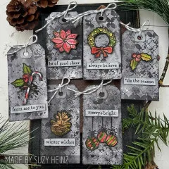 Sechs graue Tags mit Weihnachtsstern, Kranz, Zuckerstange und Sprüchen wie always believe