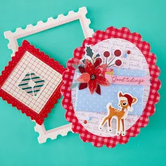 Weihnachtskarte mit Graupapperahmen, Weihnachtsstern-Applikation und Rehkitz-Sticker „Good tidings“
