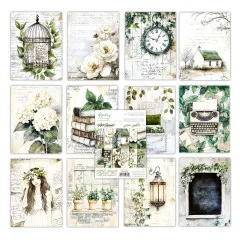 Alle 12 Einzelmotive des Green Gables Paper Pads: Vogelkäfig, Schreibmaschine, Bücherstapel, Cottage, Laterne und Mädchenportrait.