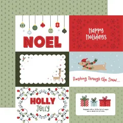 Designpapier mit großformatige Weihnachtsmotive wie NOEL, HOLLY JOLLY, JOY und Weihnachtsbotschaften mit Hunde und Geschenk-Illustrationen
