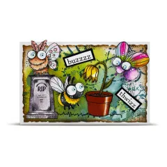 Scrapbooking-Karte mit Friedhof, Bienen und Blumentöpfen auf grünem Hintergrund, Text 'buzzzz' und 'chbzzzz'