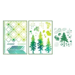 Farbige Vorschau der grün gestempelten Motive aus Höhenlinien, Tannenbaum und Wandersymbolen.