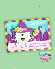 Bunte Grußkarte mit niedlichem Monster und CarlijnDesign Glitter Enamel Dots Eyes 1.
