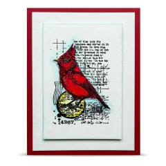 Handgemachte Grußkarte mit rotem Vogel Stempel auf weißem Papier