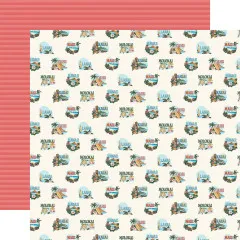 Designpapiere mit Inselgrüßen, Liegestuhl-Motiven, Postkarten-Designs, Island-Paradise-Text, Blüten und tropischen Elementen in zartem Beige