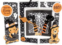 Halloween-Faltkarte mit Hexenbeinen im Spinnennetz-Fenster, Maus und Bär in Kostümen