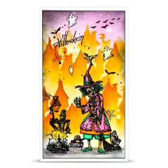 Grußkarte mit Hexen-Stempel vor brennenden Häusern, Text 'Halloween', Gelb-Orange Aquarell-Hintergrund