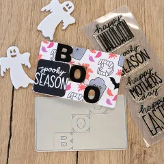 Halloween Triple Step Karte mit Stempel und Filz-Geistern auf Holz