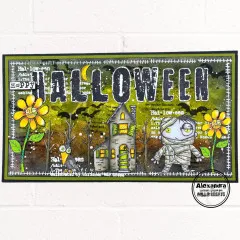 Gestaltete Karte Halloween mit grüner Rahmung: Mansion, Blüten, Vogelscheuche, Mond und Totenschädel