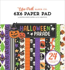 Verpackungsvorderseite des Echo Park 6x6 Paper Pads „Halloween Parade” mit gestapelten Musterpapieren in Kürbis-, Geister- und Hexenmotiven