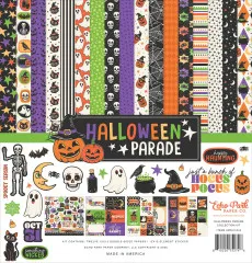 Kollektionsübersicht des 12x12 Collection Kits „Halloween Parade” mit allen 12 Designpapieren, Stickerbogen und Artikelnummer HPD511016