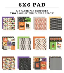 Übersicht aller 12 Bogen-Designs des 6x6 Paper Pads „Halloween Parade” – u. a. Rautenmuster, Spinnennetz, Geister, Kürbisse und Sterne