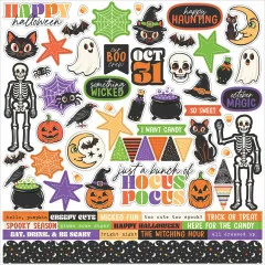 Stickerbogen mit Halloween-Elementen (Skelett, Katze, Geist, Kürbisse, Sprüche-Banner u. v. m.)