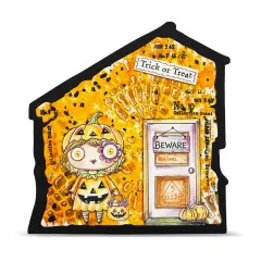 Anwendungsbeispiel: Stempelabdrücke auf Halloween-Hausschachtel mit bunten Motiven und Trick-or-Treat-Beschriftung