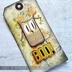 Tag mit Eule und Boo Schriftzug im Vintage-Stil