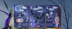 Drei vierfarbig gestaltete Tags mit Hexen, Monden und Halloween-Motiven in Lila und Schwarz