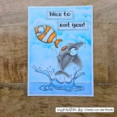 Handgemachte Grußkarte mit Hai und Fisch sowie dem Spruch Nice to eat you