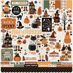 Sticker-Bogen mit ausgestanzten Halloween-Elementen: Hexen-Gnomin, Spukhäuser, Katze, Kürbisse, Geister und Schriftzügen wie 'HALLOWEEN' und 'Spooky Season'.