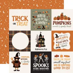 Journaling-Card-Bogen mit Sprüchen 'Trick or Treat', 'Witch way to the Candy' und Kürbismotiv, Rückseite mit Mond- und Sternenmuster auf Orange.