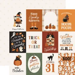 Journaling-Card-Bogen mit Sprüchen wie 'Happy Spooky Halloween', 'Trick or Treat' und 'Let's get Spooky' in Orange, Schwarz und Creme.