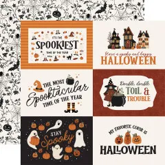 Journaling-Card-Bogen mit Sprüchen 'It's the Spookiest Time of the Year', 'Stay Spooky' und 'Toil and Trouble', Rückseite mit Ranken- und Fledermaus-Muster.