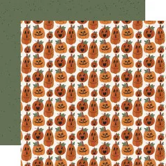 Musterpapier mit über die Fläche verteilten grünen Kürbissen auf cremefarbenem Grund, Rückseite in dunkelgrünem Sprenkel-Muster.