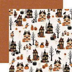 Designpapier mit Spukhäusern, Hexen-Gnomen, Kürbissen und Bäumen auf cremefarbenem Grund, Rückseite in orangenen Punkten.