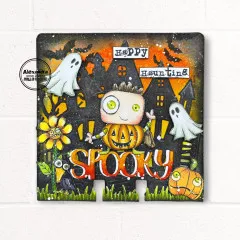 Mixed-Media Kunstwerk: Happy Haunting Karte mit Totenschädeln, Vogelscheuche, Kürbissen und Halloween-Haus
