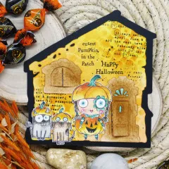 Haus-Form Bastelkarte gelb-schwarz mit Pumpkin Pals Stempeln, Halloween-Text, Süßigkeiten und Herbst-Dekoration