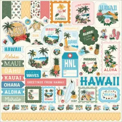 Stickerbogen mit vorgestanzten Elementen: Hawaii-Schriftzügen, Inselnamen, Surfboards, Gitarren, Ananas, Blüten, Palmen und Bändern zum Ausschneiden