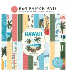 Hawaii 6x6 Paper Pad von Carta Bella mit 24 doppelseitig bedruckten Bögen, 12 verschiedene tropische Designs mit Palmen, Hibiskus, Surfboards in Korallenrot, Blau, Grün und Creme