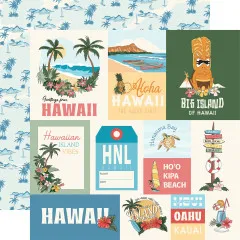 Hawaii Designpapiere mit Inselkarten, Aloha-Schriftzügen, Palmenmotiven, Surfboards und Tropical-Elementen in Blau, Beige und Grün