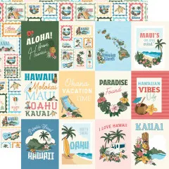 Designpapiere im Hawaii Collection Kit mit Postkarten-Design, Schriftzügen, Inselillustrationen, Surfboards, Gitarren und Blüten-Elementen