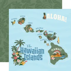 Hawaii Designpapier mit großer Inselkarte, Inselnamen wie Niihau, Kauai, Oahu, Lanai, Molokai, Maui, Kahoolawe und Aloha-Schriftzug
