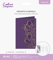 Verpackung des Cut in Edge Hearts & Swirls Sets mit lila Grußkarte und goldener Herzen-Folienprägung