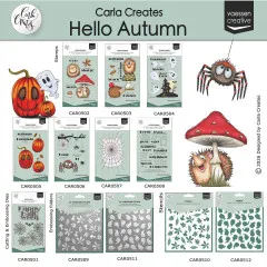 Übersicht der gesamten Carla Creates Hello Autumn Kollektion mit Stempeln, Stanzformen, Prägeschablonen und Schablonen