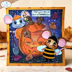 Herbstkarte mit Maus im Bienenkostüm und großem Kürbis aus gestanzten Papierteilen