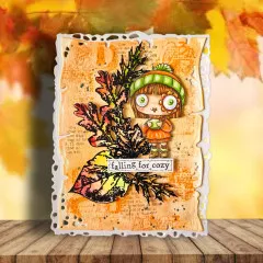 Süße Bastelkarte im Herbstdesign mit Illustration eines Mädchens und herbstlicher Blätterranke