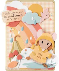 Bastelkarte mit Maus im Regenmantel, Regenbogen und Wolken-Stanzteilen
