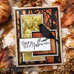 Herbstliche Lagenkarte mit Vogel Silhouette und Happy Halloween Schriftzug
