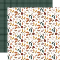 Designpapier mit Streumuster aus Eichenlaub, Kastanien und Ahornblättern auf Weiß / Rückseite: dunkelgrünes Karo