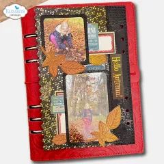Handgemachtes rotes Ringbuch im Herbst-Design dekoriert mit gestanzten Blättern