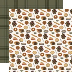 Musterpapier mit Backutensilien - Kuchen, Tassen, Nudelholz und Ofenhandschuhen - auf cremefarbenem Grund, Rückseite in olivgrünem Karo.