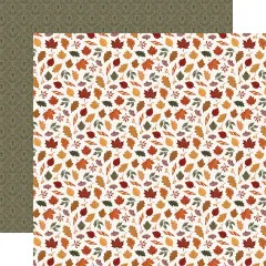 Musterpapier mit bunten Herbstblättern - Ahorn, Eiche und Birke - auf cremefarbenem Grund, Rückseite in olivgrünem Ranken-Muster.