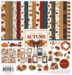 Cover des 12x12 Collection Kit Here Comes Autumn mit Übersicht aller Designpapiere, Elemente und herbstlichem Blumenkranz.