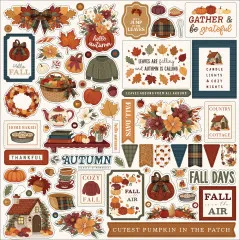 Sticker-Bogen mit ausgestanzten Herbst-Elementen: Blumenkranz, Kürbisse, Teekanne, Bücherstapel, Pullover und Schriftzügen wie 'AUTUMN' und 'Gather & be grateful'.