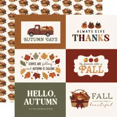 Journaling-Card-Bogen mit Traktor, Erntekorb und Sprüchen 'Autumn Days', 'Always give Thanks' und 'Fall is proof that change is beautiful', Rückseite mit Erntekorb-Muster.