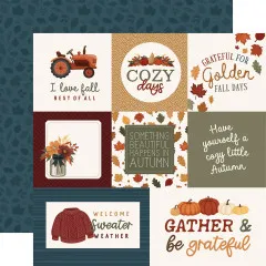 Journaling-Card-Bogen mit Traktor-Illustration, Sprüchen 'Cozy Days', 'Gather and be grateful' und gestricktem Pullover-Motiv, Rückseite in petrolfarbenem Blätter-Muster.